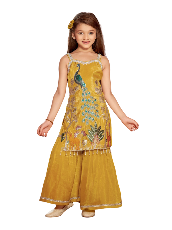 Kids Yellow Peacock Embroidered Sharara Suit
