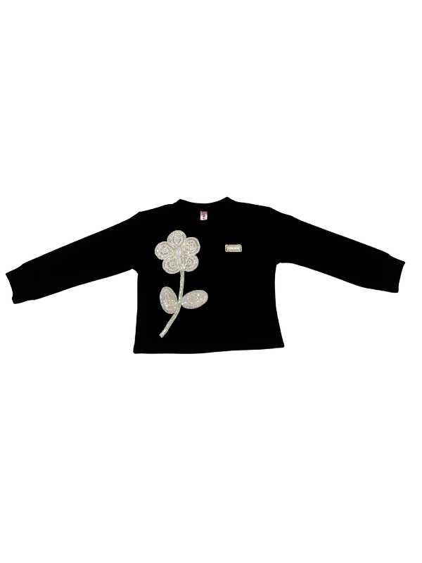 Girls' long-sleeved black top with a large, sparkly flower appliqué made of rhinestones or pearls on the chest.
Export to Sheets