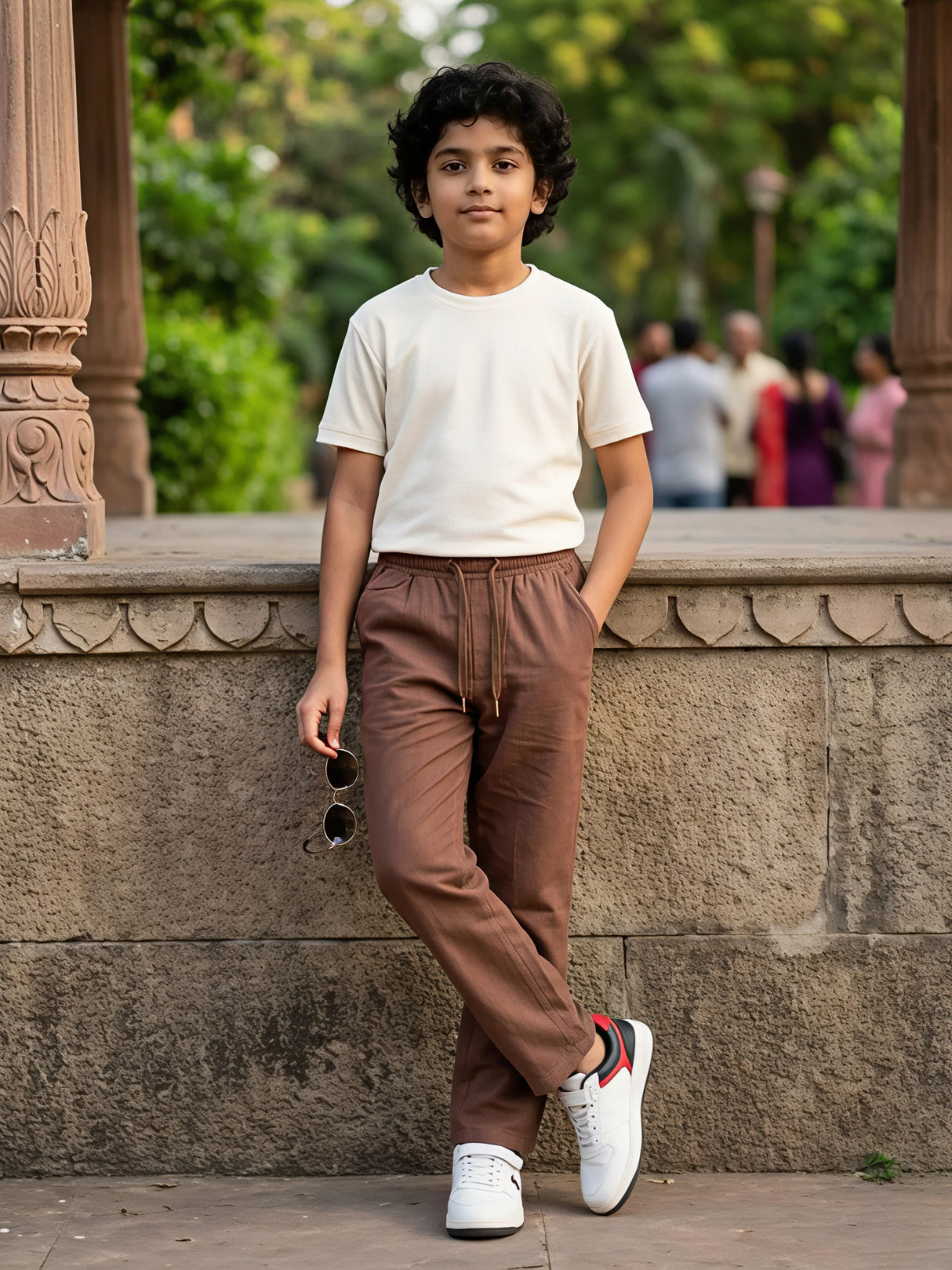 Boys' Earth-Tone Textured Cotton Pants - Brown