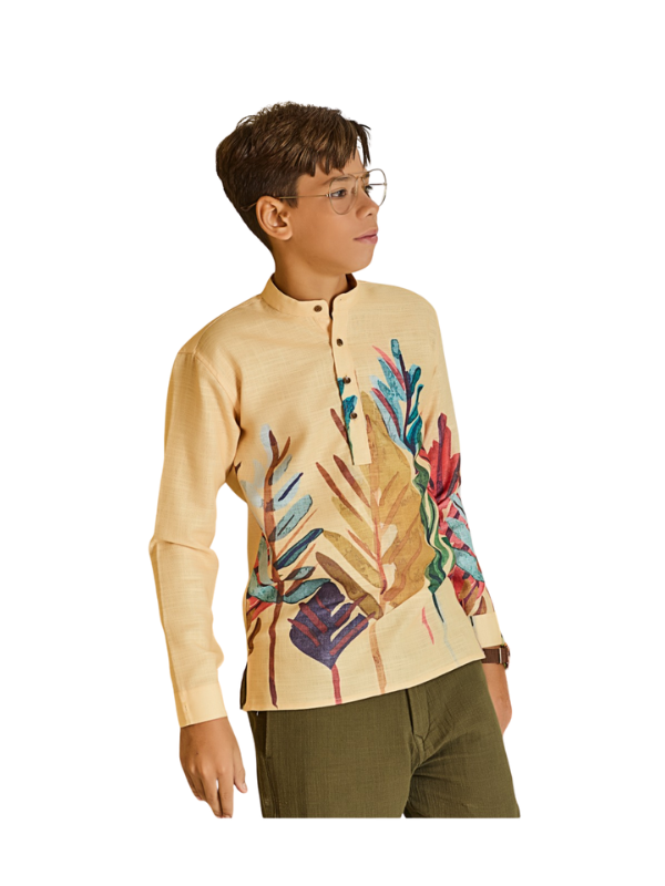 Boys' Yellow Abstract Leaf Print Kurta / Mandarin Collar Shirt