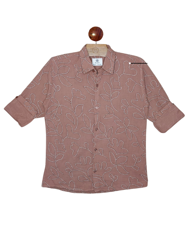 Boys' Brown Textured Leaf Embroidered Shirt