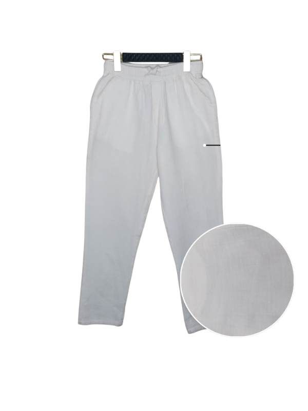 Boys' cream/off-white lightweight casual trousers with a drawstring and an elastic waistband, featuring a straight-leg cut.