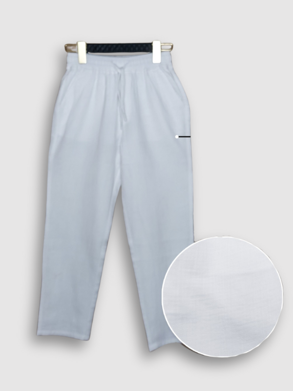 Boys' pure white lightweight casual trousers with a drawstring waist, elastic band, and straight-leg fit.