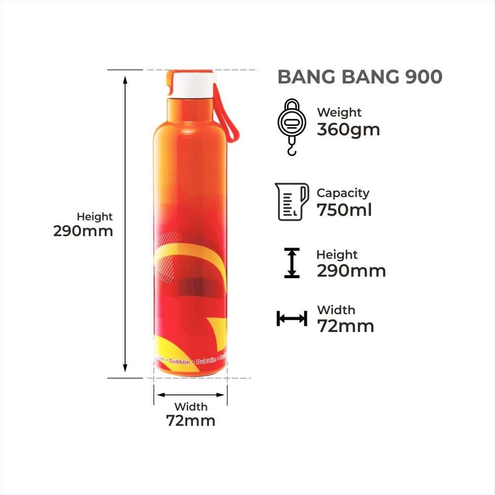 Dubblin Water Bottle Bang Bang Steel 900 Ml Orange For Unisex.