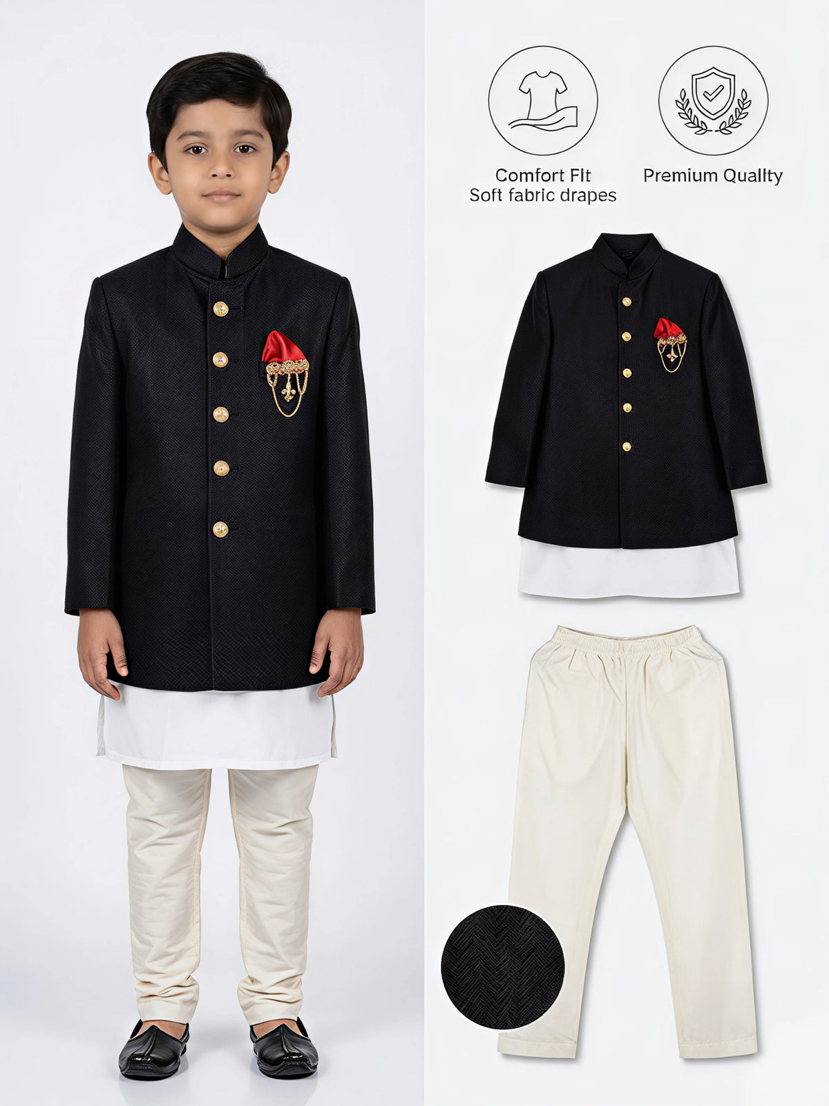 Boys black Jodhpuri sherwani set with gold buttons, brooch and pocket square – view 5