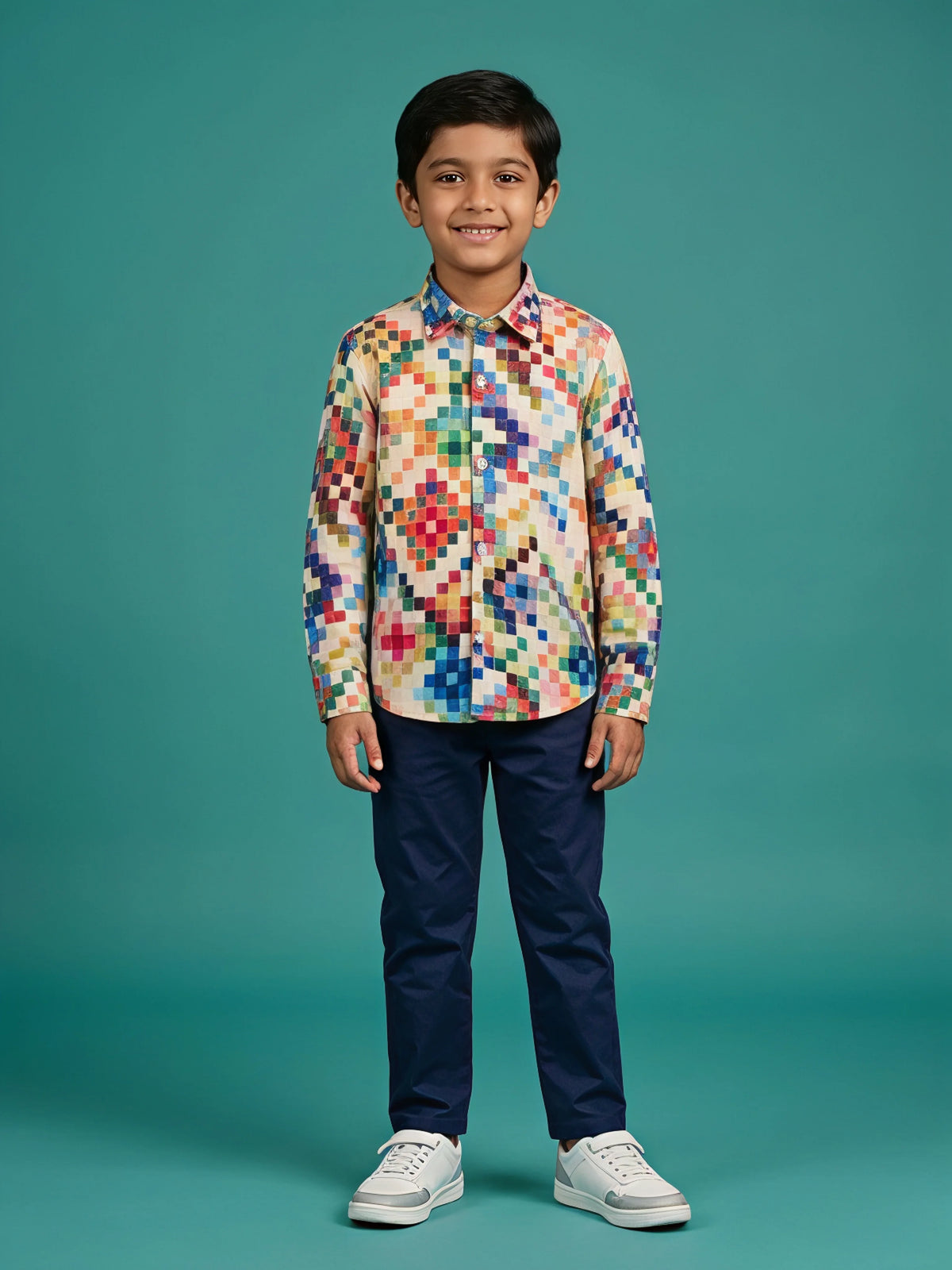 Young boy wearing a multicolor pixel grid print full-sleeve casual shirt with navy blue trousers