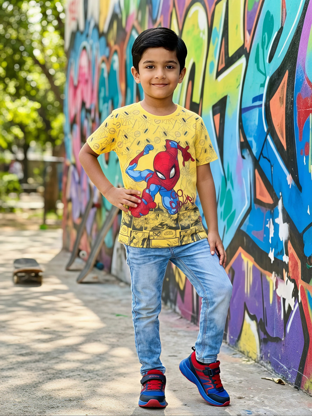 Boys Yellow Spider-Man Printed Cotton T-Shirt