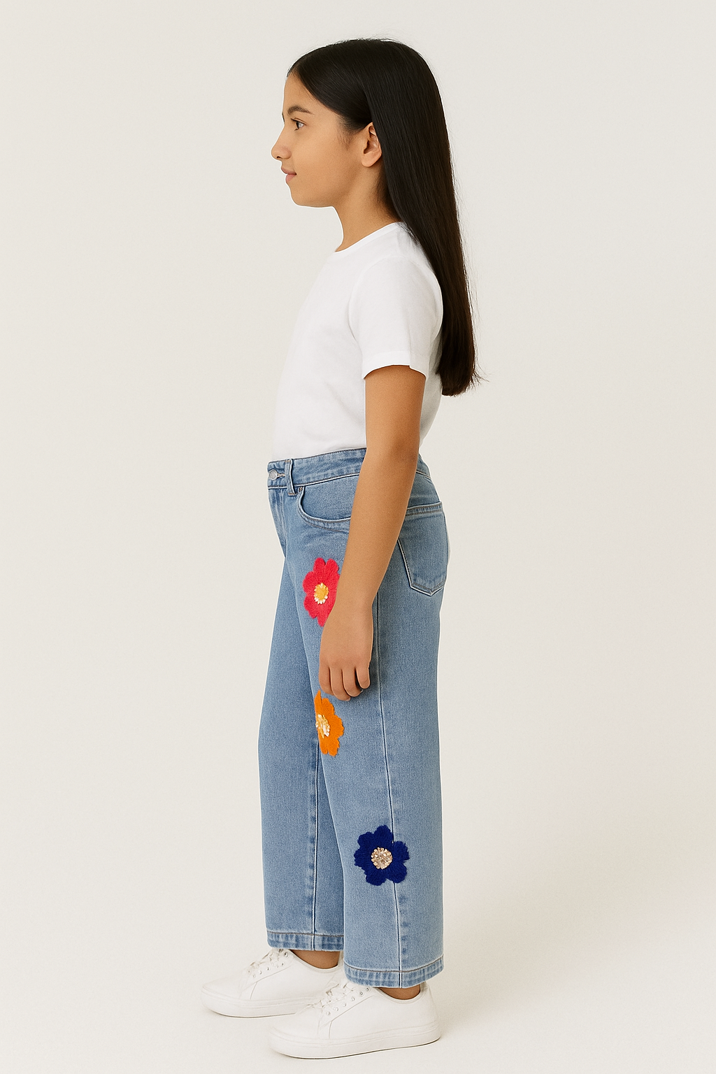 Girls' Light Wash Wide-Leg Floral Appliqué Jeans