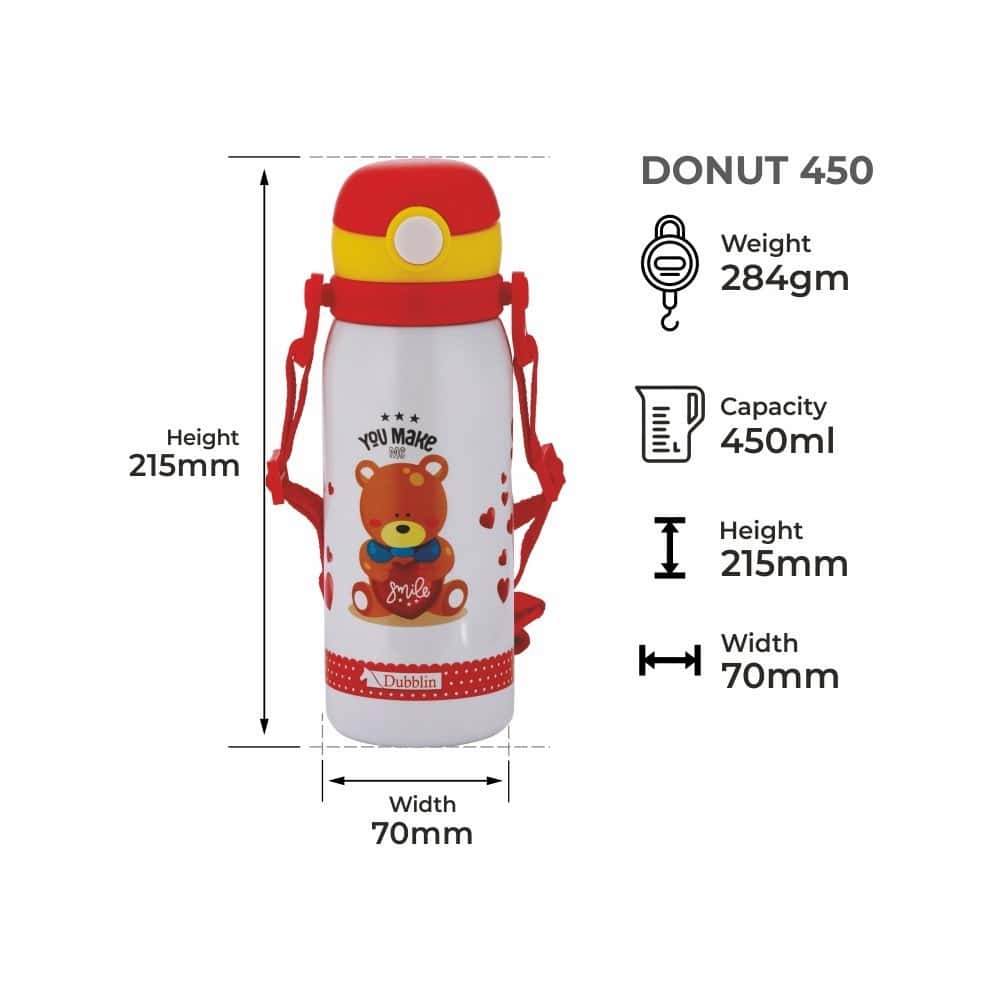 Dubblin Water Bottle  Donut Steel450 Ml Red For Unisex.