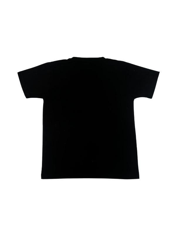 Black short-sleeve kids' T-shirt with a retro Pink Panther graphic print wearing yellow sunglasses and a blue Hawaiian shirt. The design includes the title "PINK PANTHER" and "THE PANTHER GOES HOLLYWOOD!".