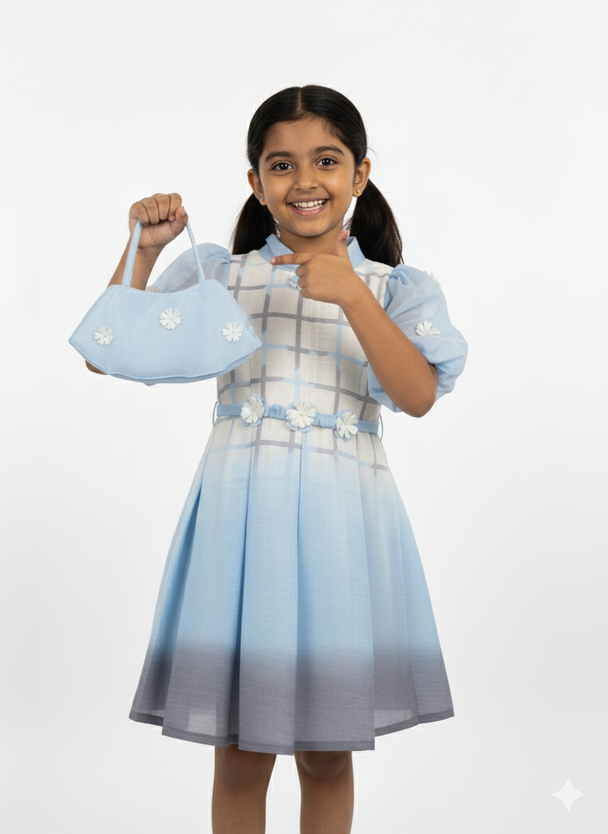 Girls' dress with a gray and white plaid top, a blue ombre pleated skirt, and sheer blue organza puff sleeves with small flower accents.
