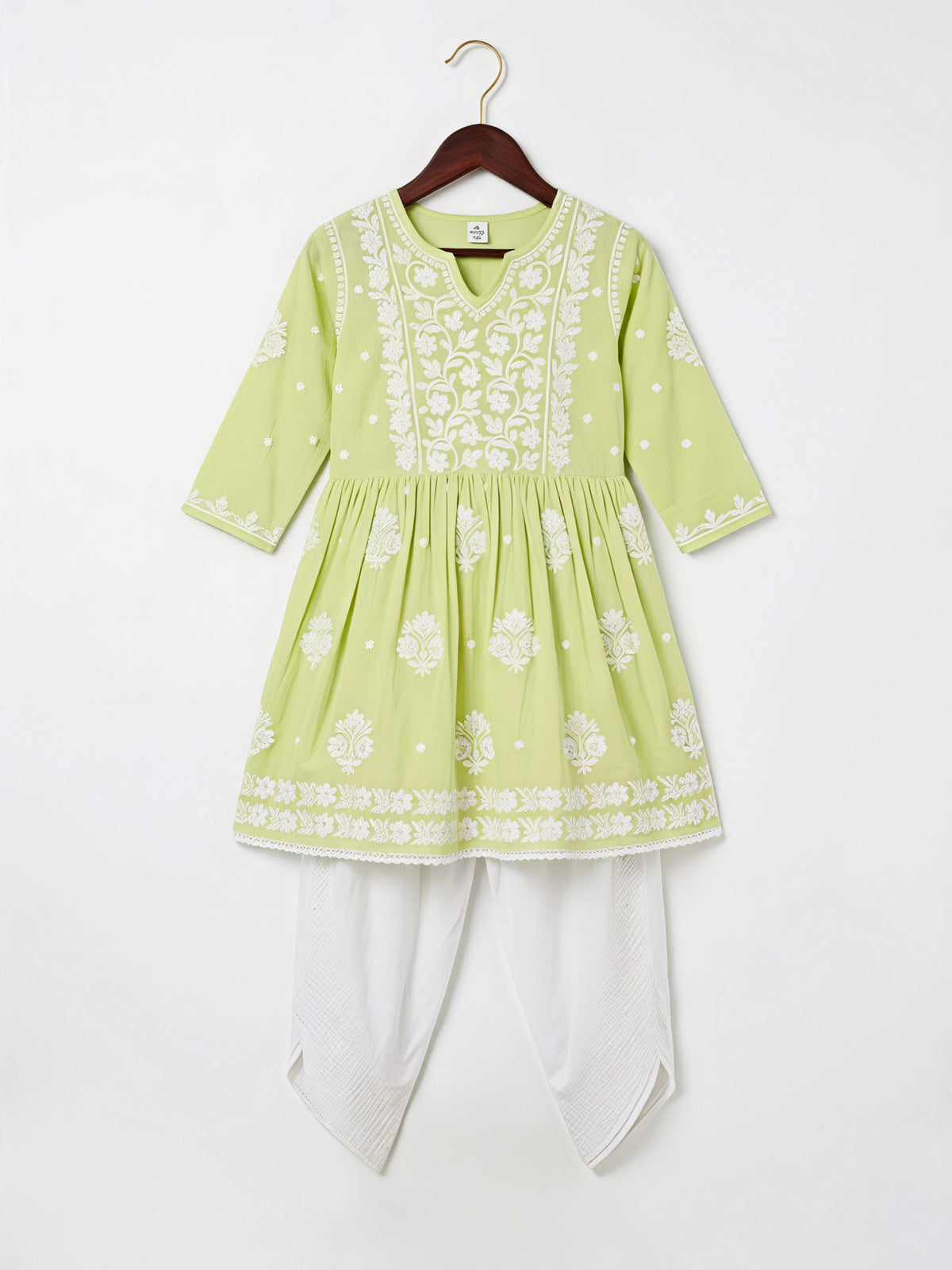 Girls lime green chikankari embroidered dhoti kurta set – view 2