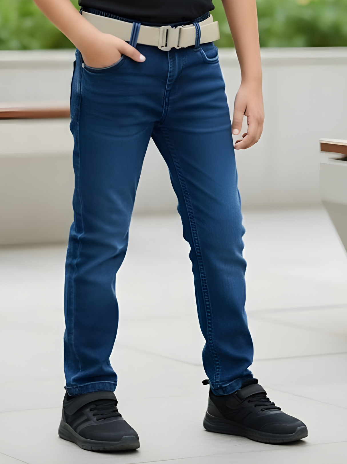 Boys' Classic Dark Wash Denim Jeans with Contrast Web Belt.