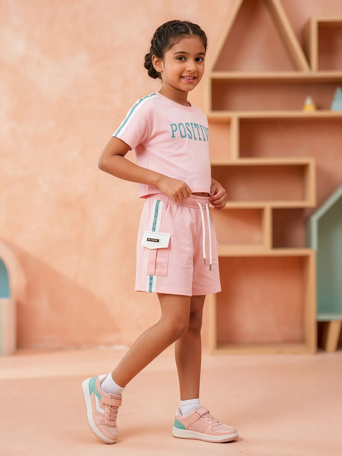 Girls Pink Positive Graphic Crop Top and Shorts Co-ord Set