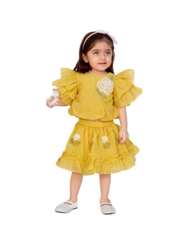 Adorable toddler girl wearing a mustard yellow two-piece outfit with a ruffled top and skirt, both featuring white floral embroidery.
Export to Sheets