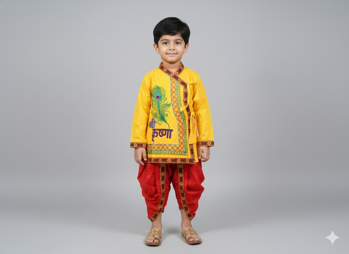Young boy wearing a long-sleeved yellow Angrakha kurta with a peacock feather and "Krishna" embroidery, paired with traditional red dhoti pants, posing against a grey background.