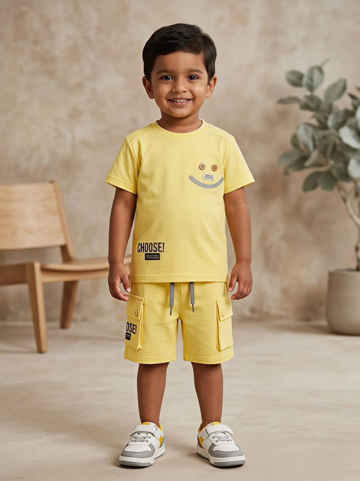 Boys Yellow Smile Graphic T-Shirt & Cargo Shorts Coordinate Set