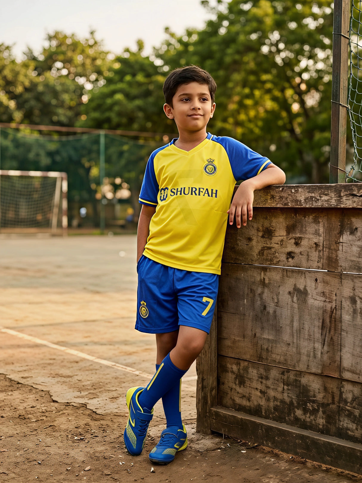 A young boy standing on an outdoor sports field wearing a yellow sports jersey with blue sleeves and matching blue shorts with the number 7.