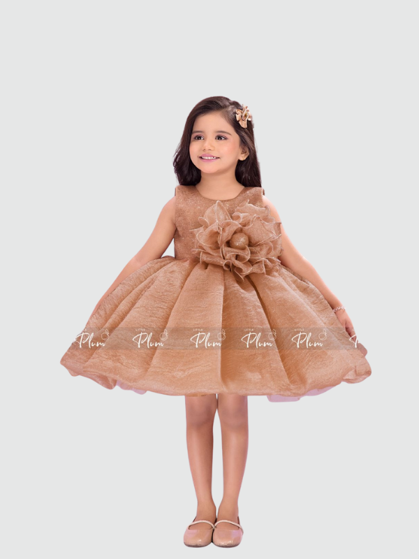 Young girl smiling in a shimmering bronze/brown organza party frock with a full, flared skirt and a large 3D fabric flower on the bodice. The luxurious sleeveless dress is paired with metallic shoes