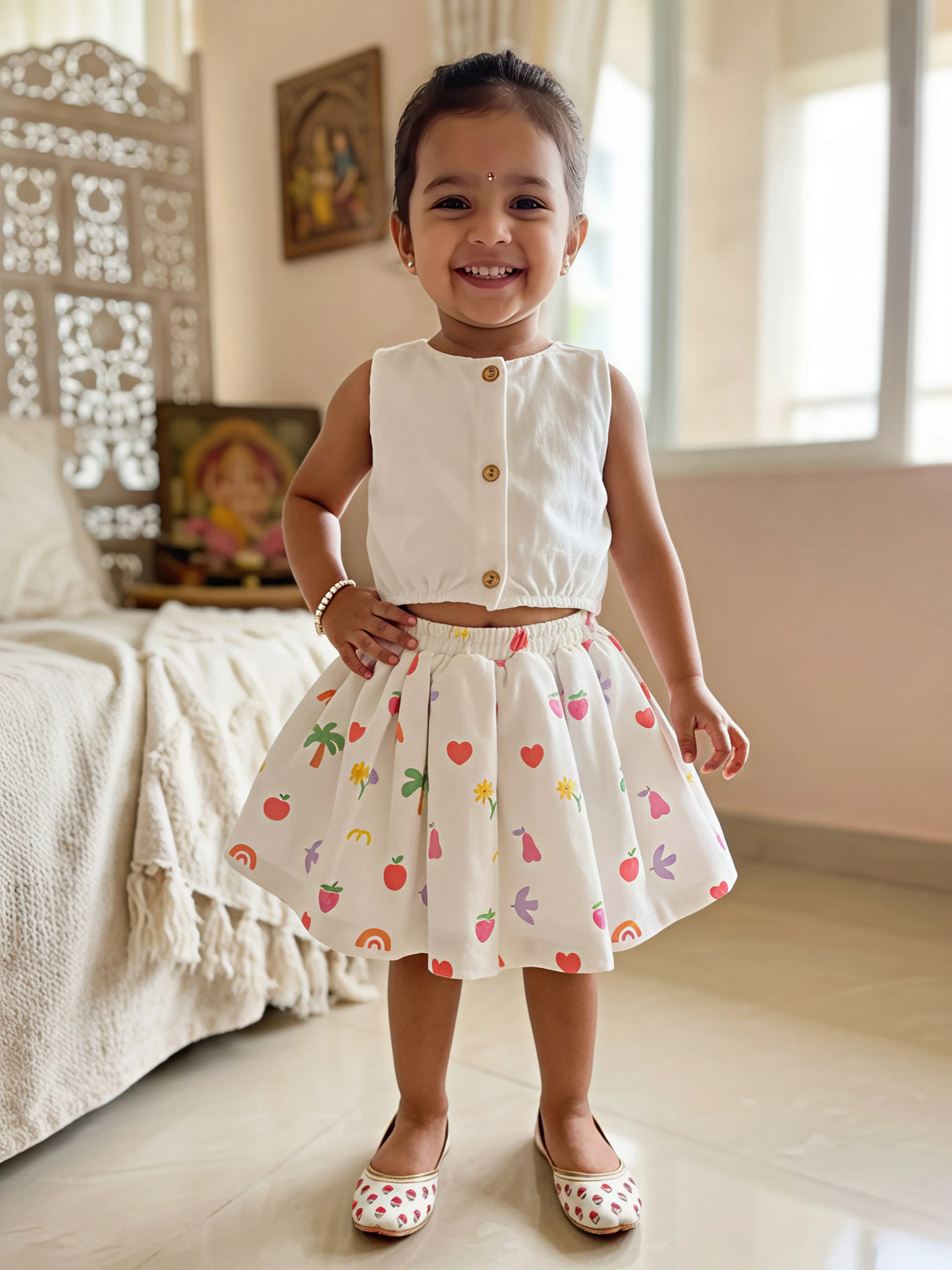 Girls' White Linen-Blend Button Crop Top & Printed Skirt Set