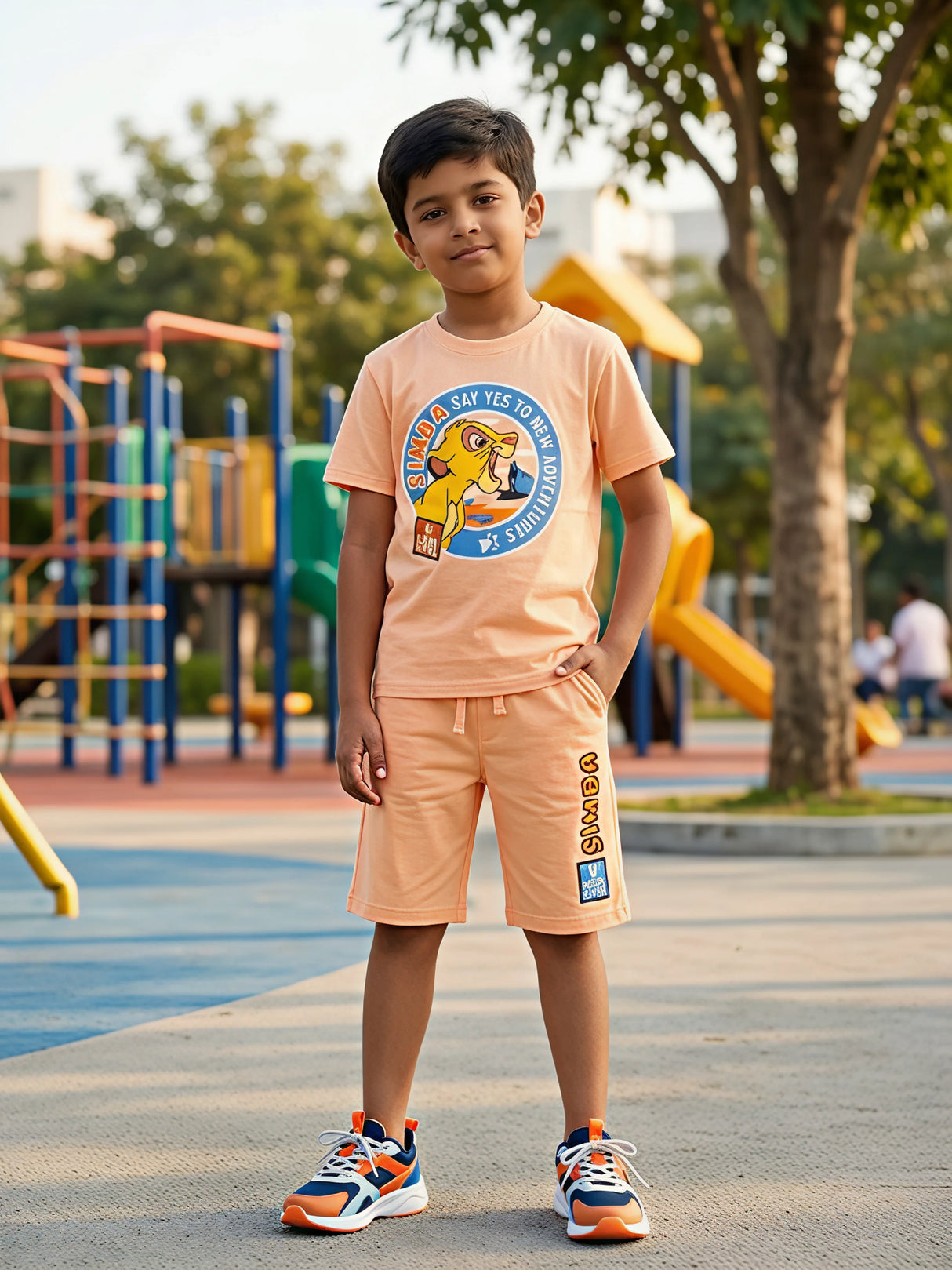 Boys Peach Simba Print Cotton T-Shirt and Shorts Co-ord Set