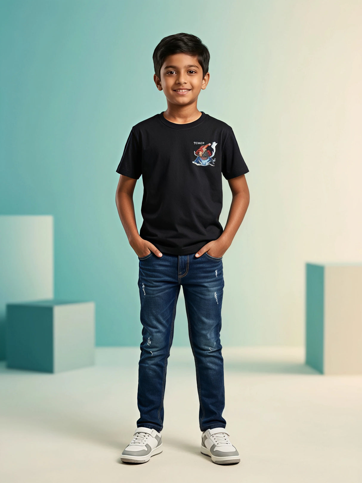 Boys Classic Black Graphic Cotton T-Shirt