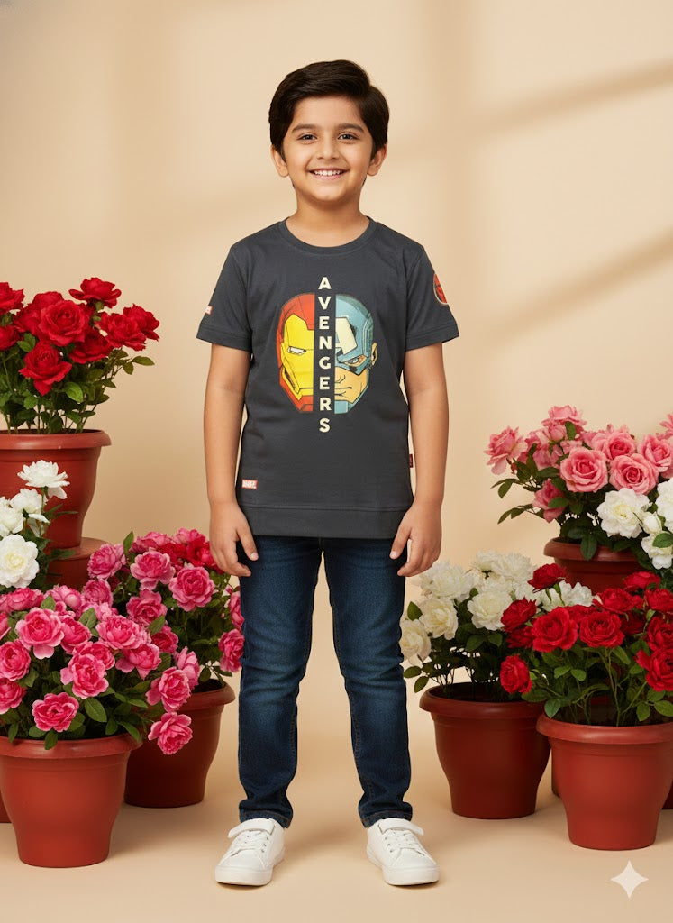 Boys' Navy Blue Marvel Avengers Split-Face T-Shirt.