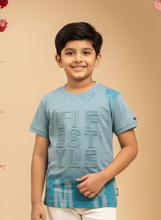 Kids Blue T-Shirt – "LIFESTYLE" Embossed Graphic Design