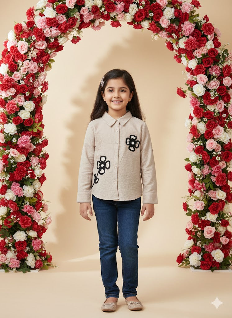 Girls' Taupe Floral Appliqué Button-Down Shirt