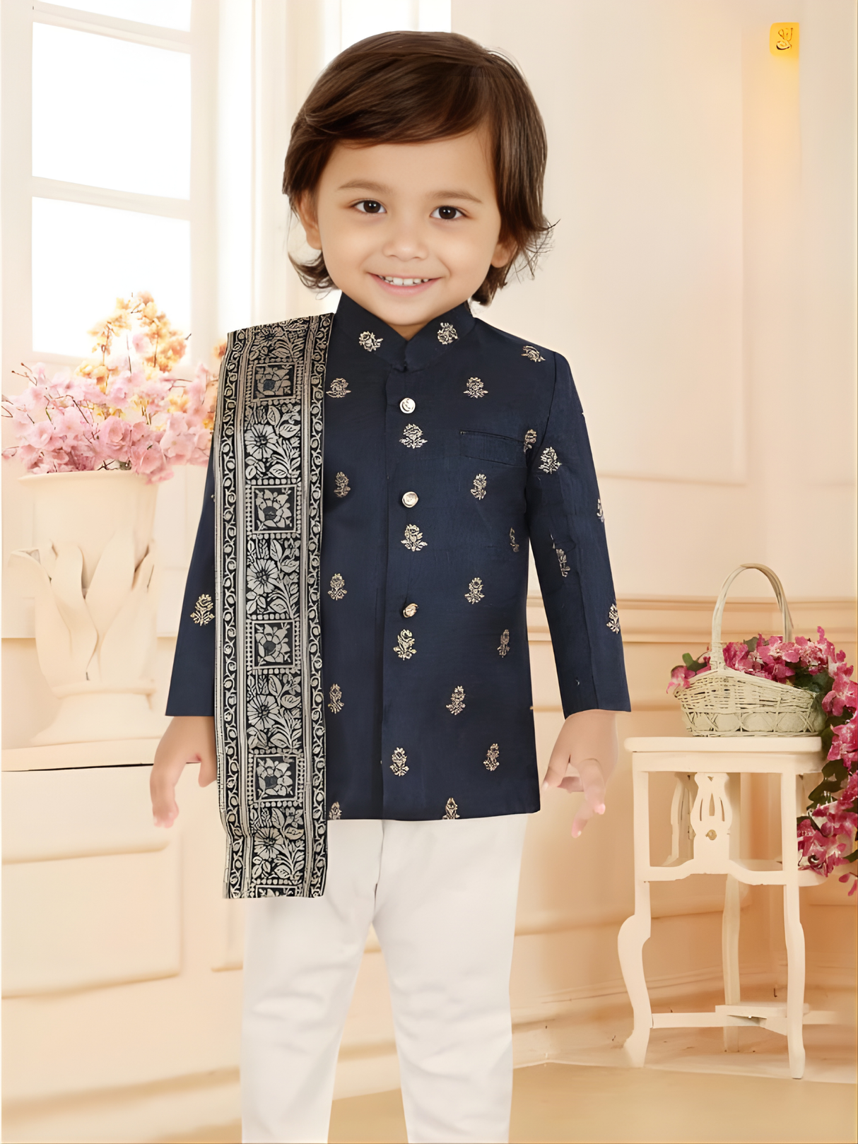Toddler Boys' Navy Blue Brocade Bandhgala Kurta Set with Shawl