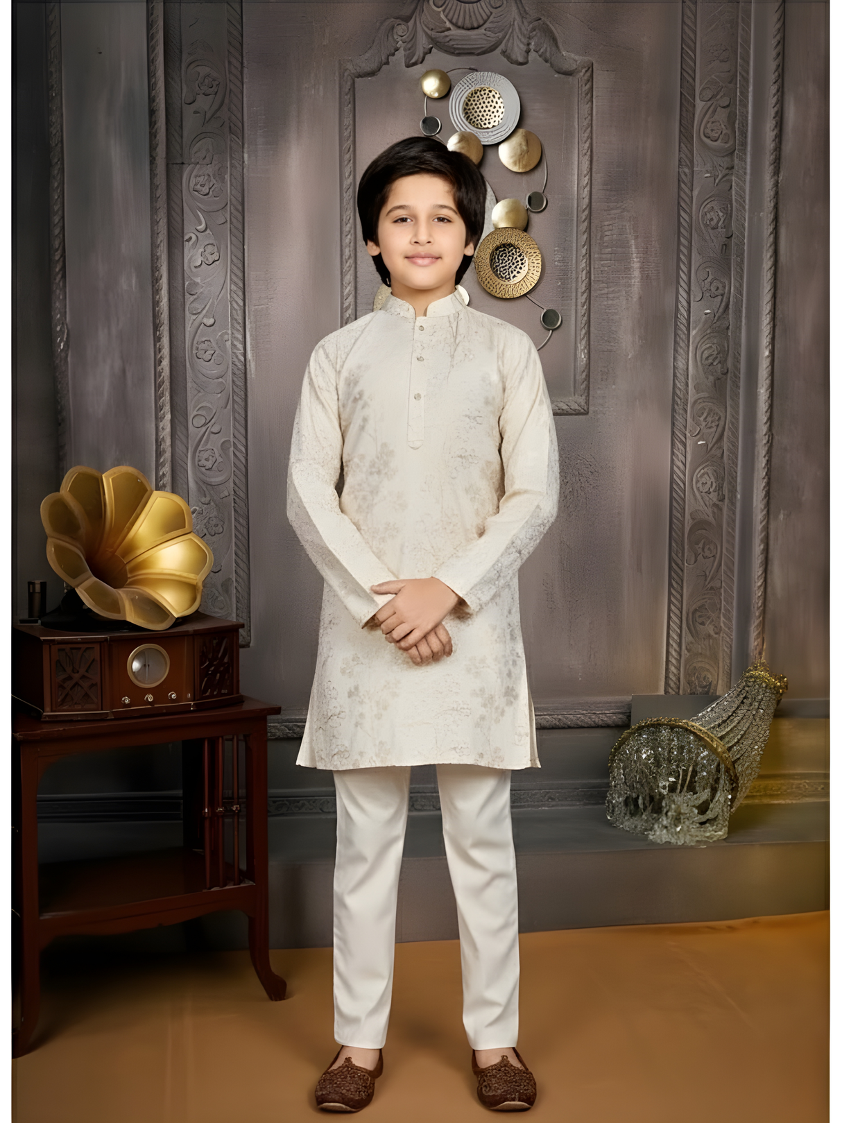 Boys' Cream Kurta Set with Pastel Floral Embroidered Nehru Jacket (Matching Set Available)