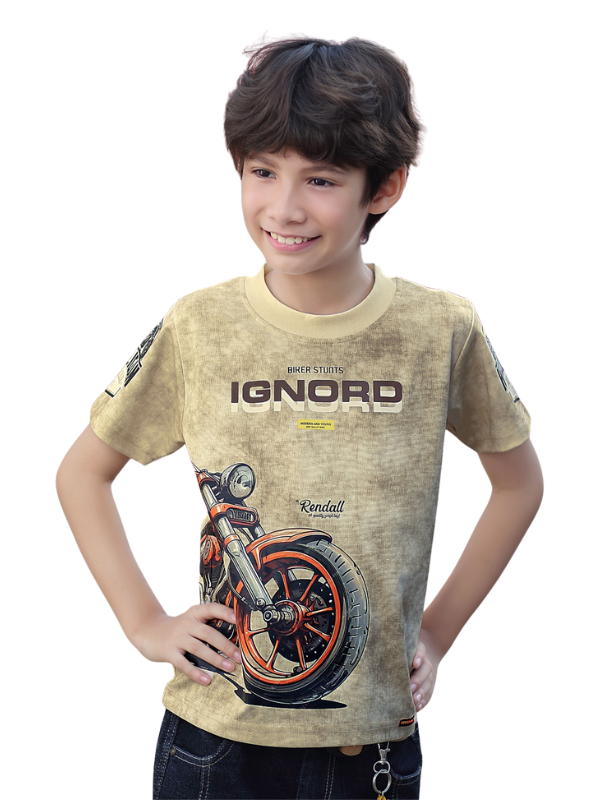 Young boy smiling in an aged cream/beige T-shirt with a vintage-style graphic of a motorcycle tire and the word "IGNORD" printed on a textured background.