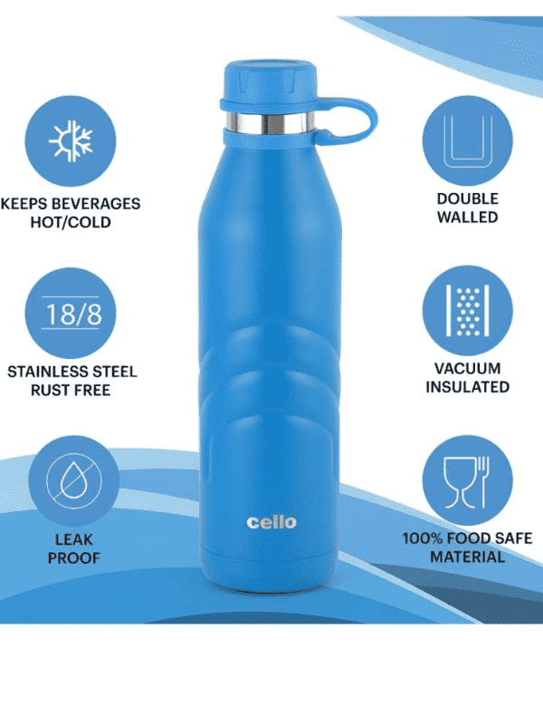 Cello Water Bottle Duro Crown Steel 1000 Ml Blue For Unisex.