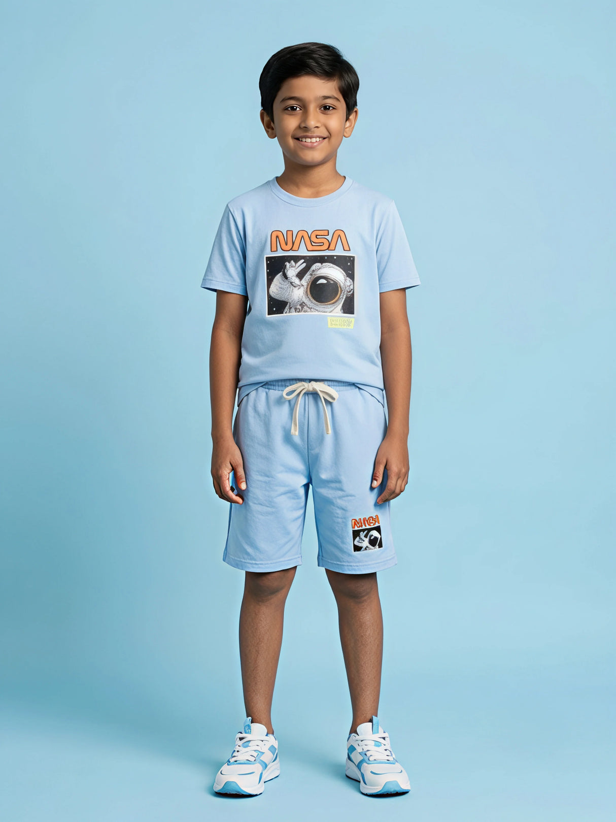 A young boy wearing a light blue matching coordinate set featuring a NASA astronaut graphic t-shirt and shorts with a drawstring, pictured in image_3c0020.jpg.