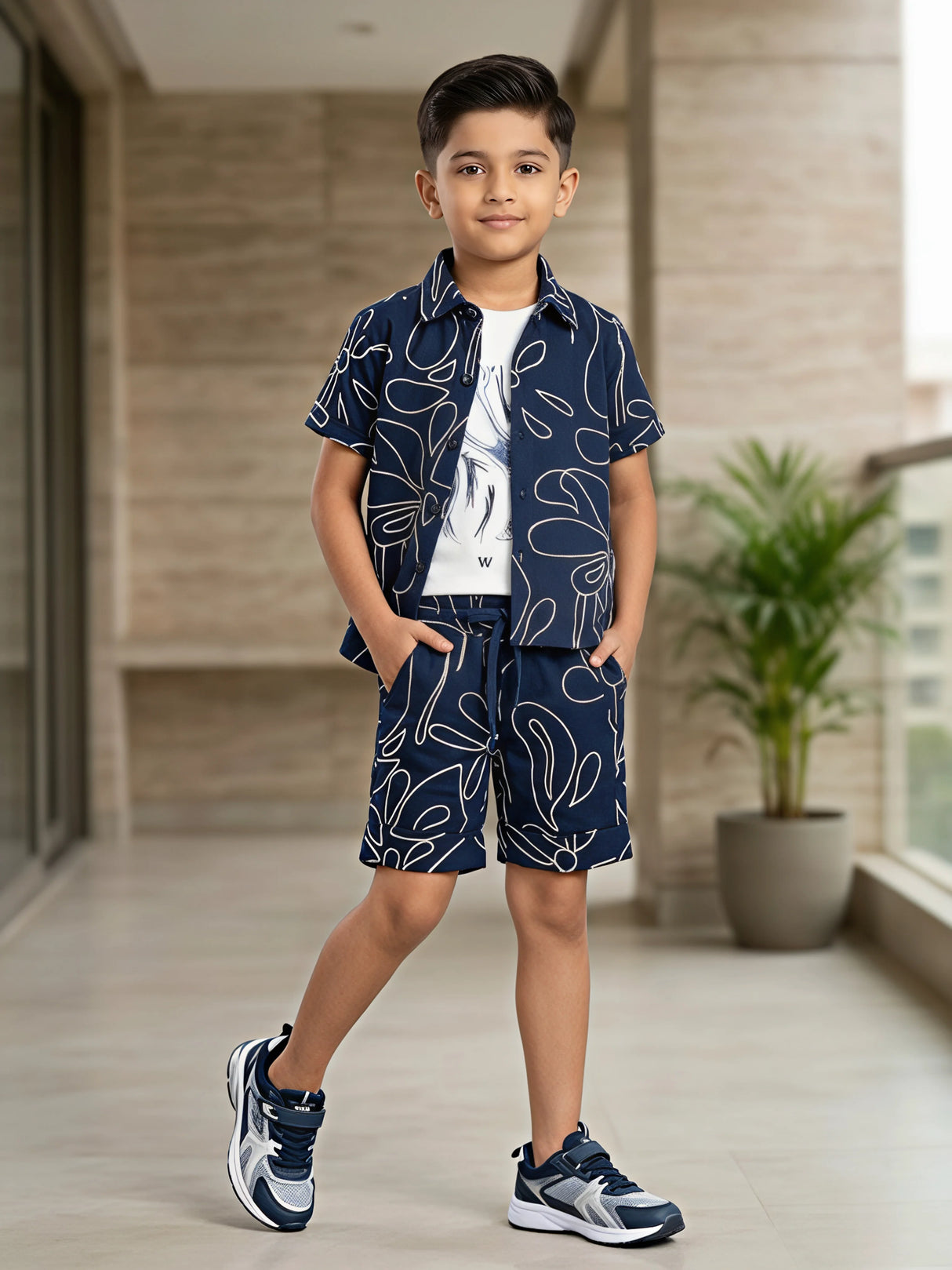 Boys Navy Blue Abstract Print Co-ord Set