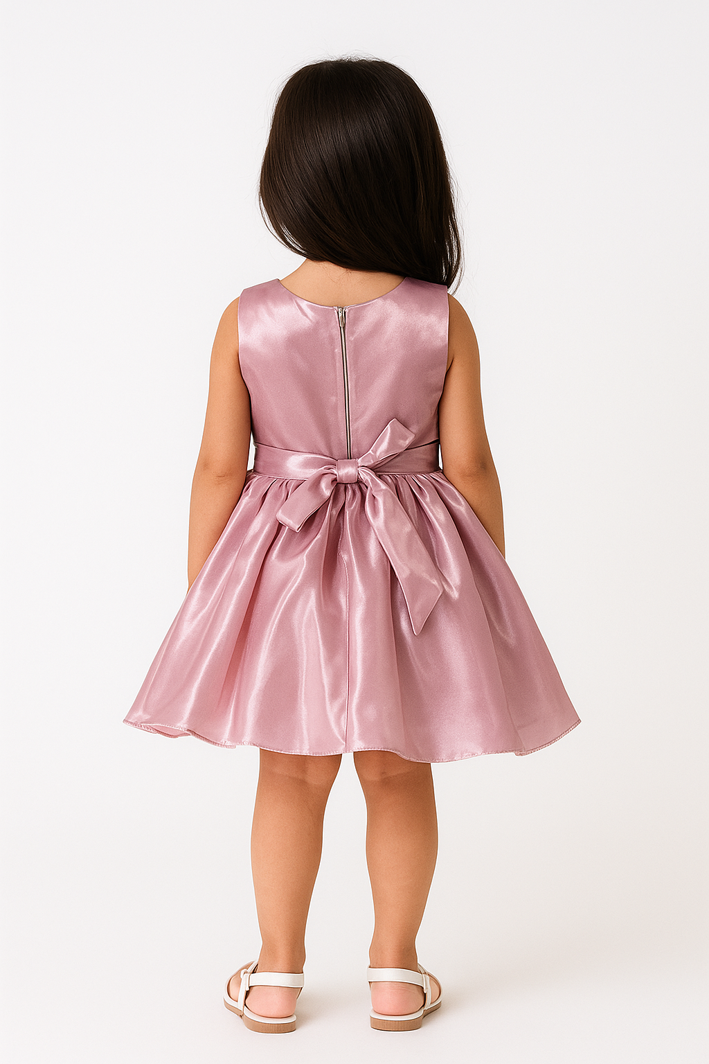 Toddler girl wearing an elegant dusty rose/peach sleeveless dress with large 3D flowers with silver accents on the chest, a shimmery skirt, and pink shoes.
Export to Sheets