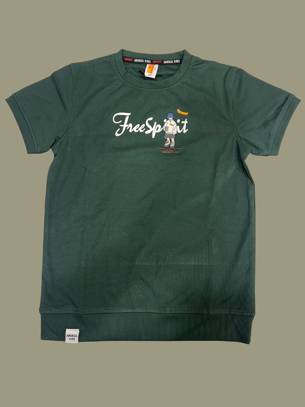 Dark Hunter Green boys' short-sleeve T-shirt with a white "Free Spirit" script and a small cartoon graphic of a backpacker figure
