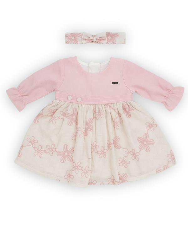 Girls' Pink & Cream Floral Dress with Headband
