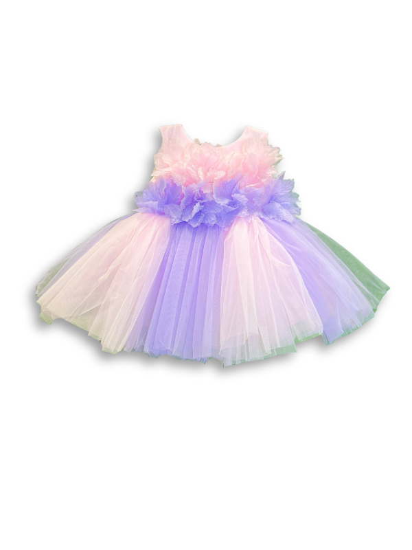 Girls' sleeveless tiered tutu dress with a rosette bodice in pastel pink and lavender, and a voluminous tulle skirt in pink, purple, and green shades.
Export to Sheets