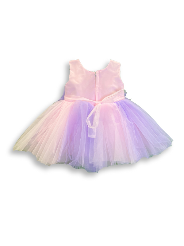 Girls' sleeveless tiered tutu dress with a rosette bodice in pastel pink and lavender, and a voluminous tulle skirt in pink, purple, and green shades.
Export to Sheets