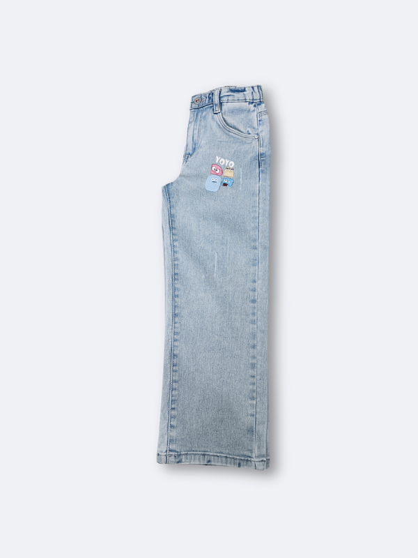 Girls' Light Wash Wide-Leg Graphic Jeans