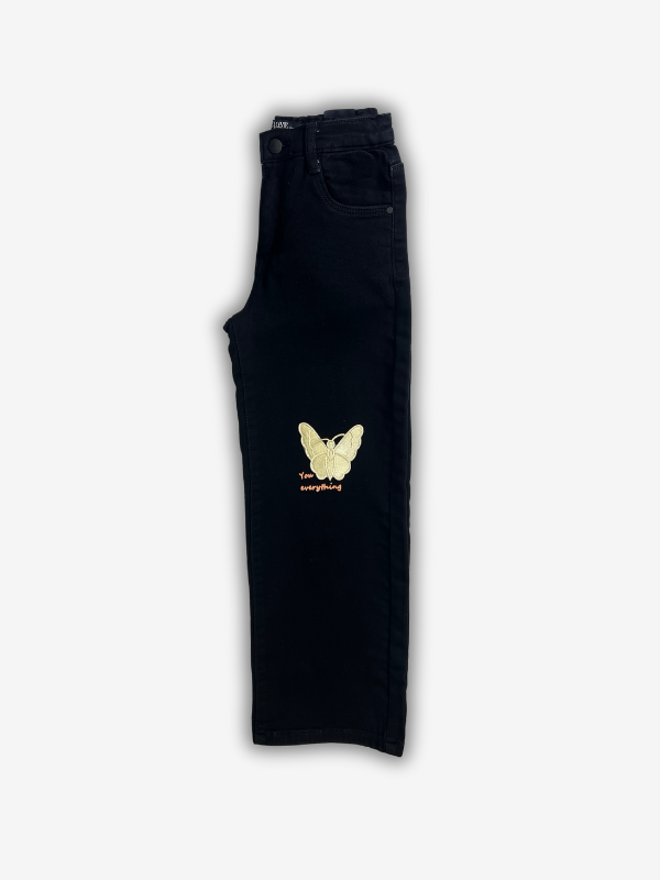 Girls' Black Wide-Leg Butterfly Graphic Jeans