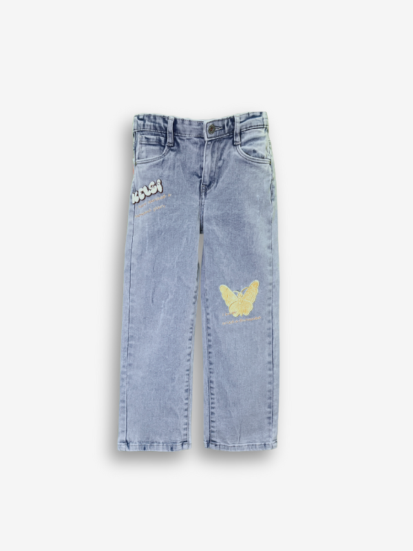 Girls' Light Wash Wide-Leg Butterfly Graphic Jeans