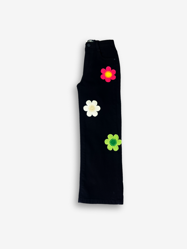 Girls' Black Wide-Leg Flower Appliqué Jeans