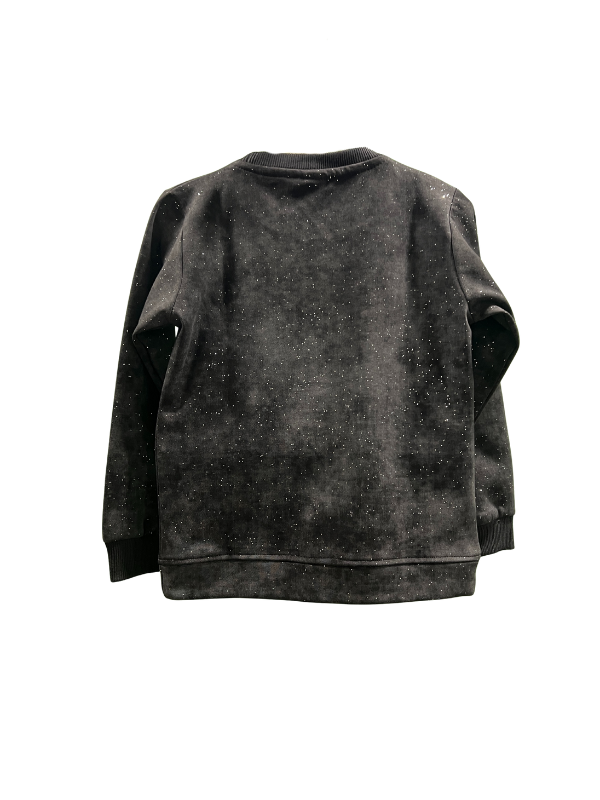 Black boys' short-sleeve T-shirt with a large, tan and brown "GUCCI" inspired graphic and a detailed bee design with shimmering rhinestone pyramid accents below it