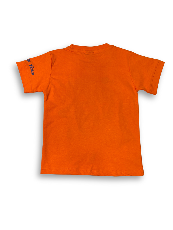 Boys' bright orange short-sleeve t-shirt featuring a colorful graphic of a character wearing glasses, surrounded by blue, green, and yellow graffiti text and paint splatters.
Export to Sheets