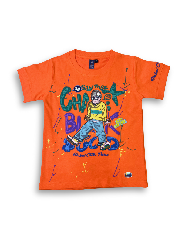 Boys' bright orange short-sleeve t-shirt featuring a colorful graphic of a character wearing glasses, surrounded by blue, green, and yellow graffiti text and paint splatters.
Export to Sheets
