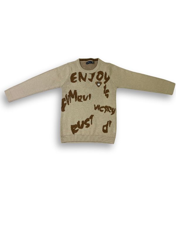 Boys' light brown knit sweater with long sleeves and large, brown, graffiti-style words and slogans printed across the front.
Export to Sheets