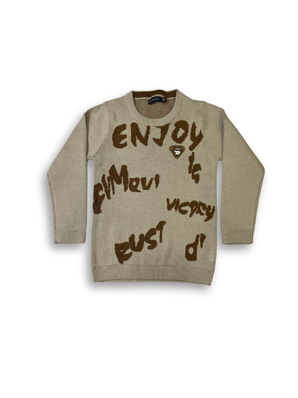 Boys' light brown knit sweater with long sleeves and large, brown, graffiti-style words and slogans printed across the front.
Export to Sheets