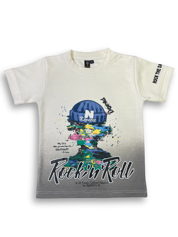 Boys' ombré t-shirt that fades from white to dark grey, featuring a colorful pixelated graphic of a head wearing a blue beanie and the text "Rock 'n Roll."
Export to Sheets